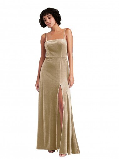 Square Neck Formal Velvet Maxi Bridesmaid Dress / Prom Dress with Front Slit & Pockets Essex