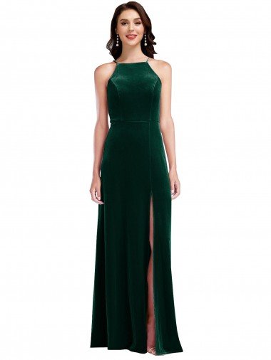 Velvet Halter Maxi Bridesmaid Dress / Prom Dress with Pockets & Front Slit Essex