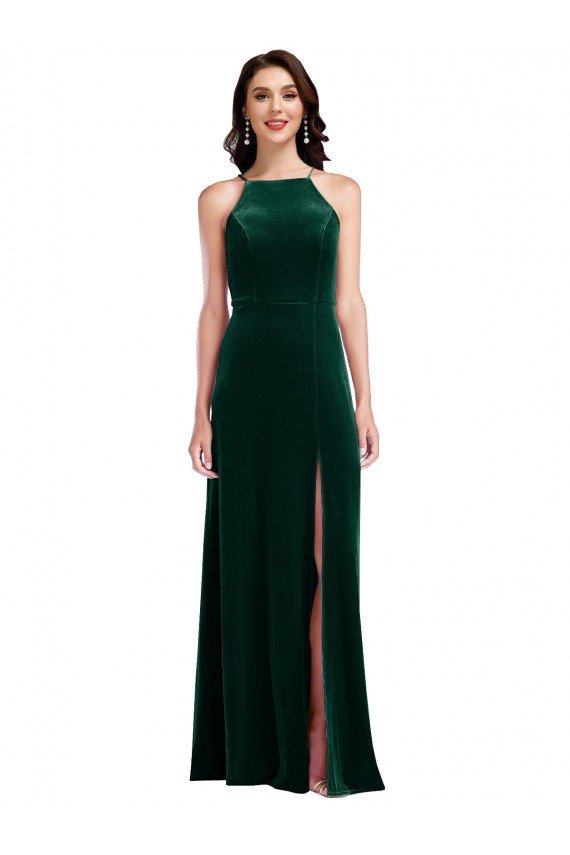 Velvet Halter Maxi Bridesmaid Dress / Prom Dress with Pockets & Front Slit Essex