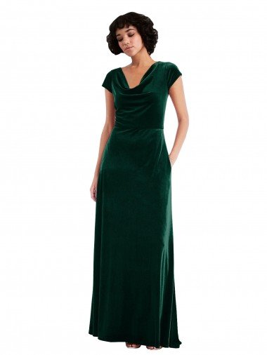 Cowl Neck Cap Sleeve Velvet Maxi Bridesmaid Dress / Prom Dress with Pockets Essex