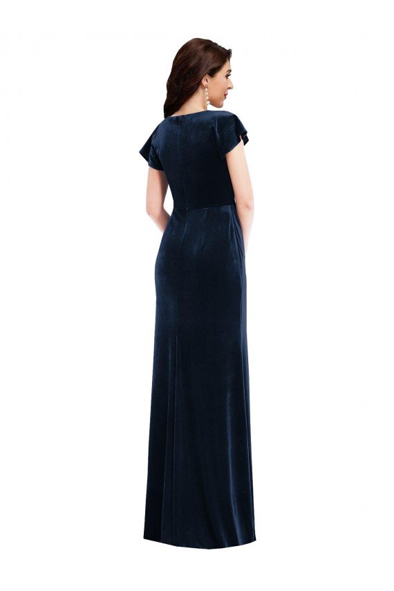 Flutter Sleeve Wrap Bodice Formal Velvet Maxi Bridesmaid Dress / Prom Dress with Pockets Essex