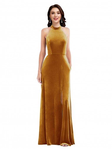High-Neck Halter Velvet Maxi Bridesmaid Dress / Prom Dress with Front Slit Essex