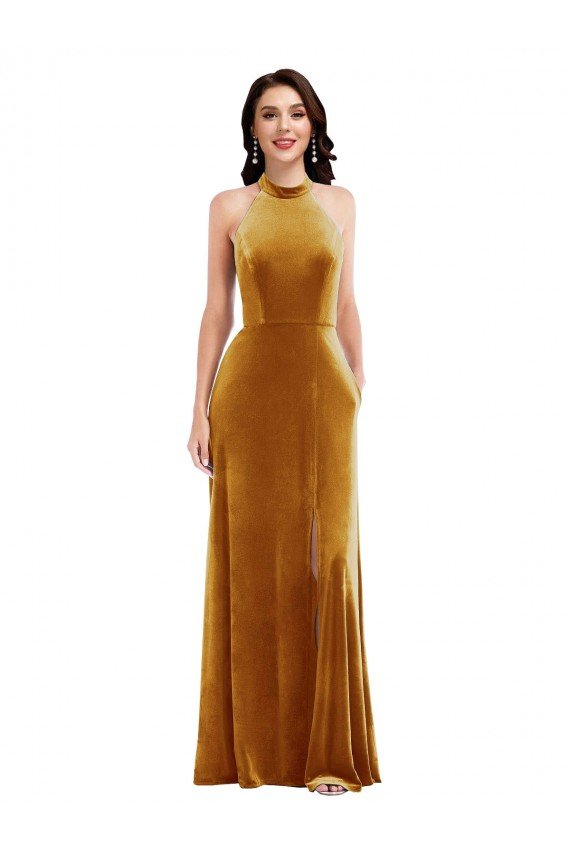 High-Neck Halter Velvet Maxi Bridesmaid Dress / Prom Dress with Front Slit Essex