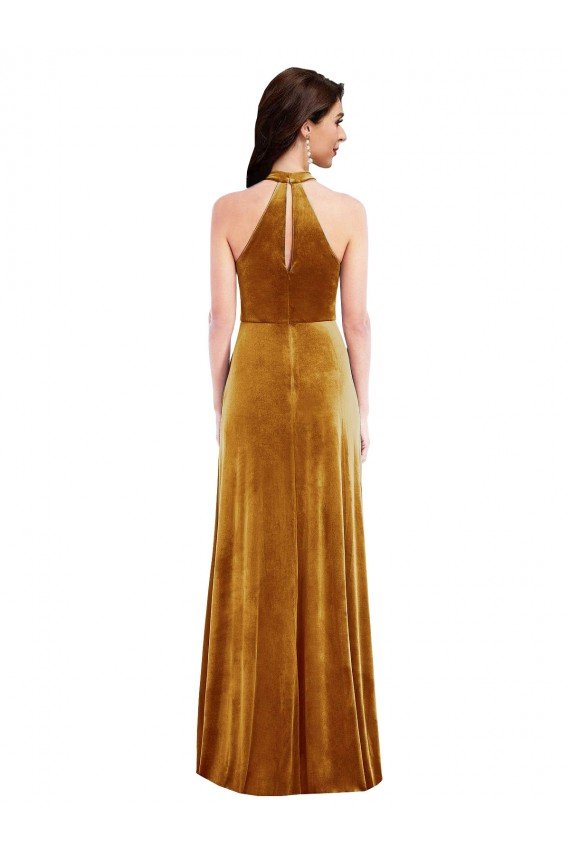 High-Neck Halter Velvet Maxi Bridesmaid Dress / Prom Dress with Front Slit Essex