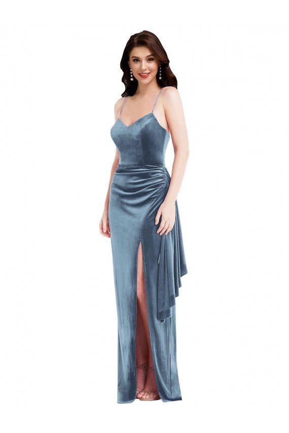 Spaghetti Strap Formal Velvet Maxi Bridesmaid Dress / Prom Dress with Draped Skirt Essex