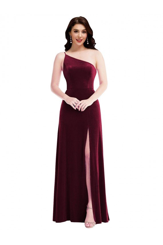 One Shoulder Spaghetti Strap Velvet Maxi Bridesmaid Dress / Prom Dress with Pockets Essex