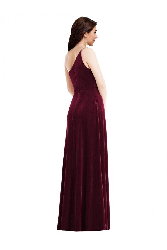 One Shoulder Spaghetti Strap Velvet Maxi Bridesmaid Dress / Prom Dress with Pockets Essex