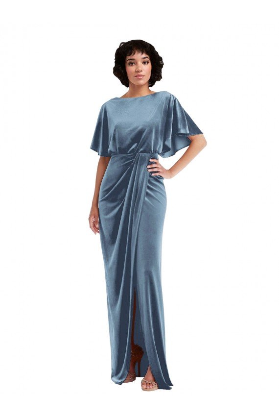 Flutter Sleeve Open Back Velvet Maxi Bridesmaid Dress / Prom Dress with Pockets & Draped Wrap Skirt Pockets Essex