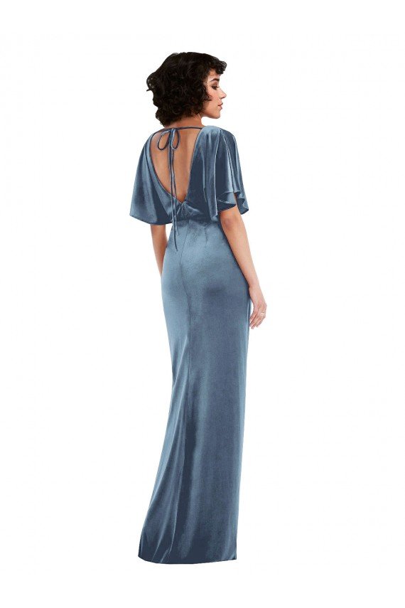 Flutter Sleeve Open Back Velvet Maxi Bridesmaid Dress / Prom Dress with Pockets & Draped Wrap Skirt Pockets Essex