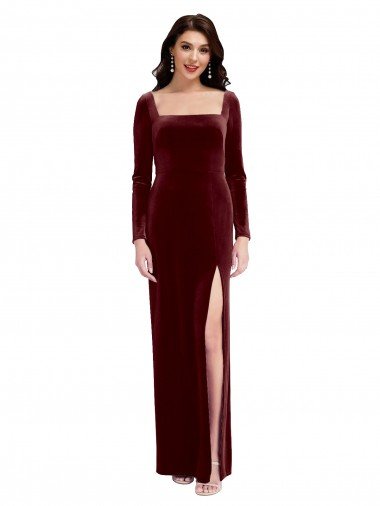 Sleek Square Neck Spaghetti Straps Velvet Bridesmaid Dress / Prom Dress with Side Slit Essex