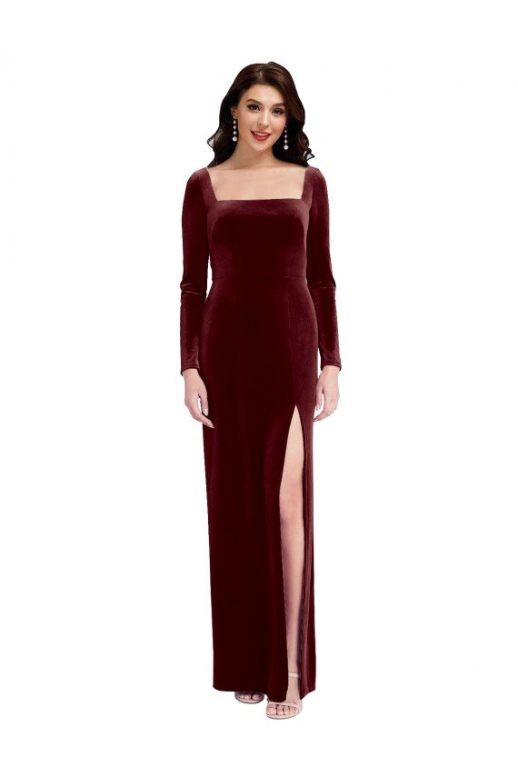 Sleek Square Neck Spaghetti Straps Velvet Bridesmaid Dress / Prom Dress with Side Slit Essex