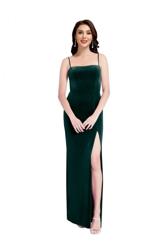 Straight Neckline Spaghetti Straps Long Velvet Bridesmaid Dress / Prom Dress with High Side Slit Essex