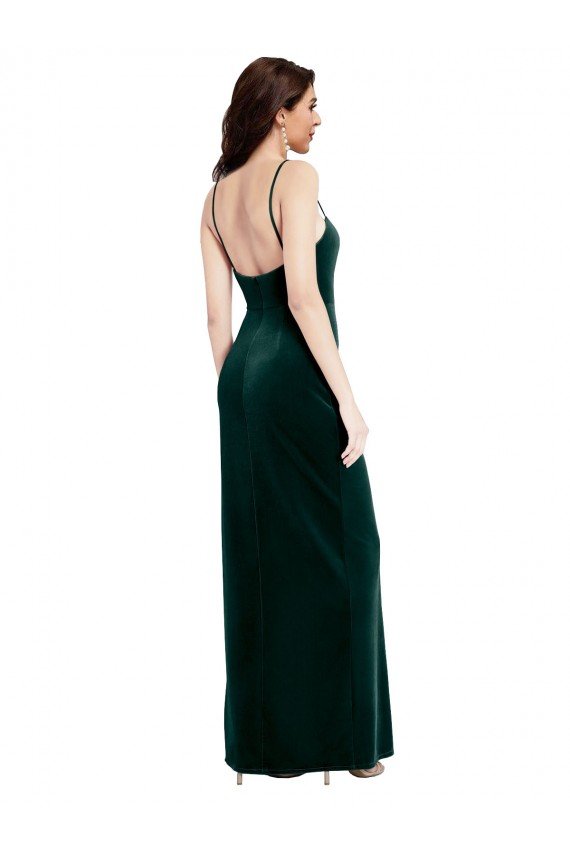 Straight Neckline Spaghetti Straps Long Velvet Bridesmaid Dress / Prom Dress with High Side Slit Essex