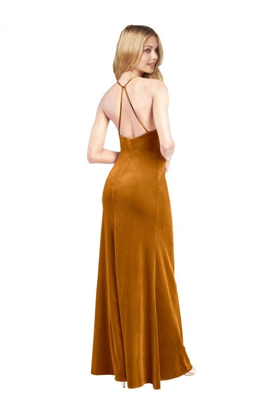 Halter Neckline Long Full Length Formal Velvet Bridesmaid Dress / Prom Dress with Strappy Back Essex