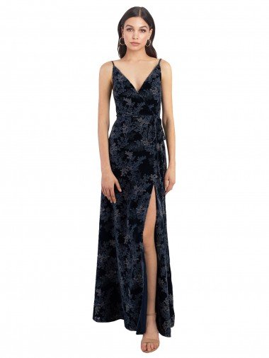 Floral Velvet Surplice V-Neck Long Bridesmaid Dress with V-Back Essex