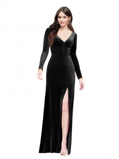 Long Sleeves Formal Velvet Bridesmaid Dress / Prom Dress with V-Neckline and Thigh Slit Essex