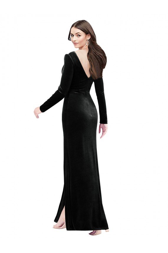 Long Sleeves Formal Velvet Bridesmaid Dress / Prom Dress with V-Neckline and Thigh Slit Essex
