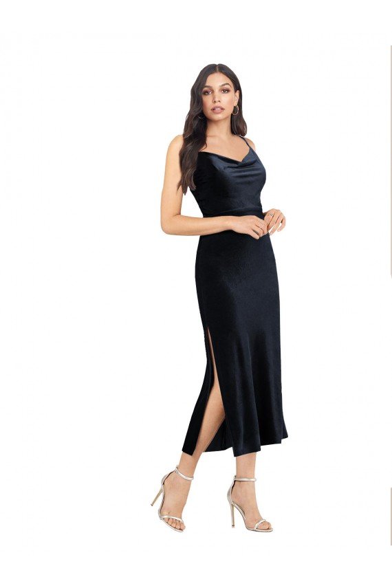 Midi Cocktail Length Formal Velvet Bridesmaid Dress / Prom Dress with Cowl Neck and Spaghetti Straps Essex