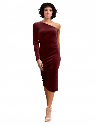 One Shoulder Fitted Short Midi Length Velvet Bridesmaid Dress / Prom Dress Essex