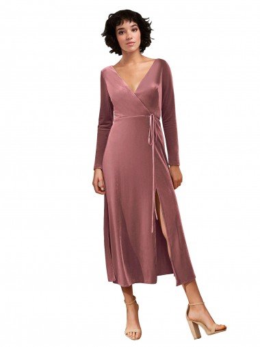 Long Sleeve Velvet Faux Wrap Midi Length Bridesmaid Dress / Prom Dress Essex