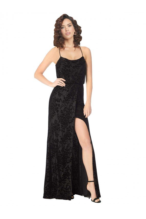 Floral Velvet Cowl Neck Bridesmaid Dress with Skirt Slit Essex
