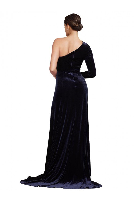 One Sleeve Long Formal Velvet Bridesmaid Dress / Prom Dress with Thigh High Split Essex