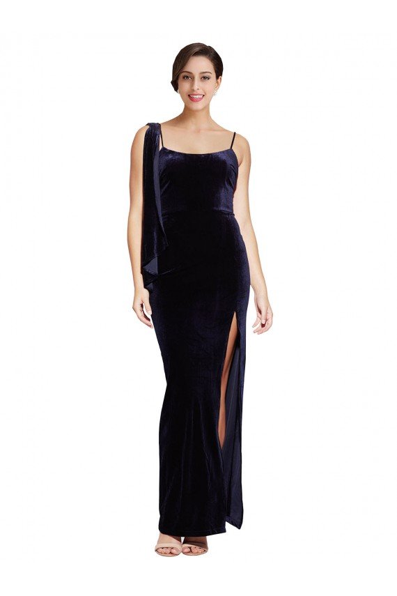 Long Formal Velvet Bridesmaid Dress / Prom Dress with Side Thigh Split and Shoulder Tie Essex