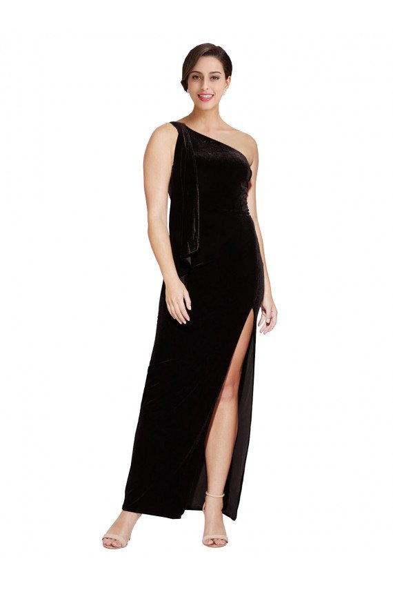 One Shoulder Long Formal Velvet Bridesmaid Dress / Prom Dress with Side Split and Shoulder Tie Essex