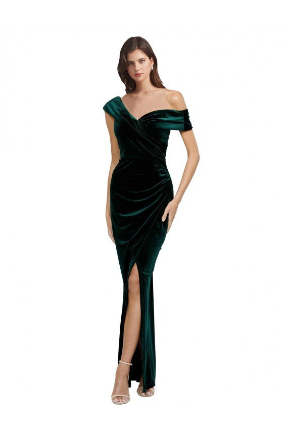 Long Asymmetric Neckline Ruched Formal Velvet Bridesmaid Dress / Prom Dress Essex