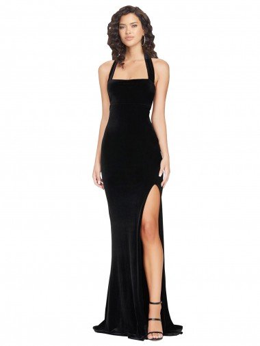 Halter Neck Wide Straps Long Velvet Bridesmaid Dress / Prom Dress with Side Split Essex