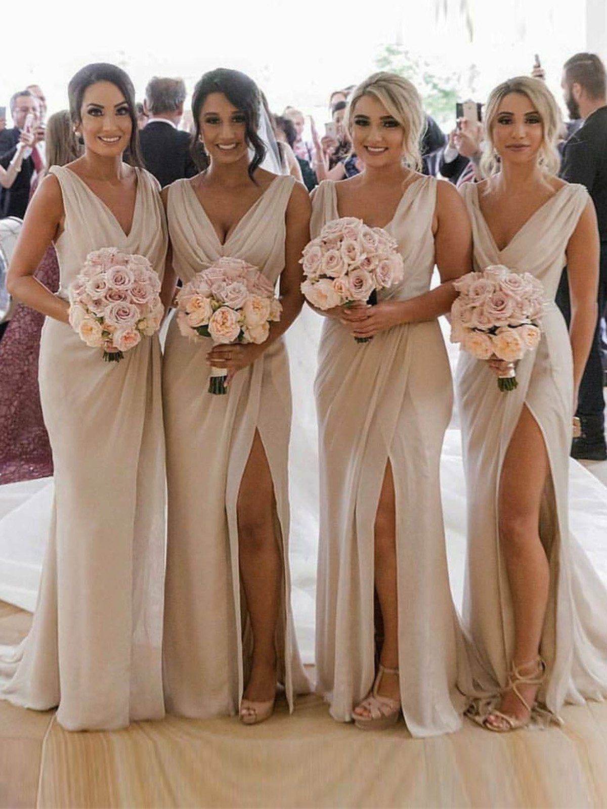 Champagne Full Length Luxe Chiffon Long Champagne bridesmaid dresses essex with Sexy High Slit and Front Ruffles